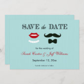 Mustache en Lips Aqua Stripe Save the Date Cards (Voorkant / Achterkant)