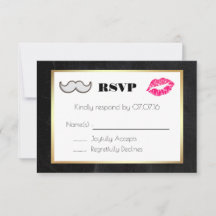 Mustache en Lips Black en Gold Wedding RSVP