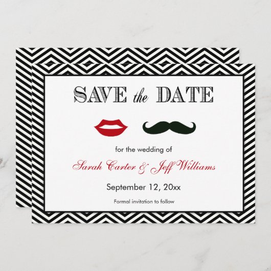 Mustache en Lips Chevron Sla de datumkaarten op Save The Date (Voorkant / Achterkant)