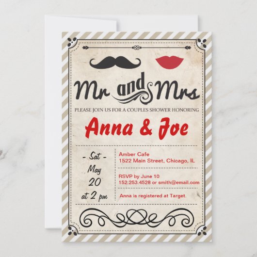 Mustache en Lips Couples Shower Invitation Kaart (Voorkant)