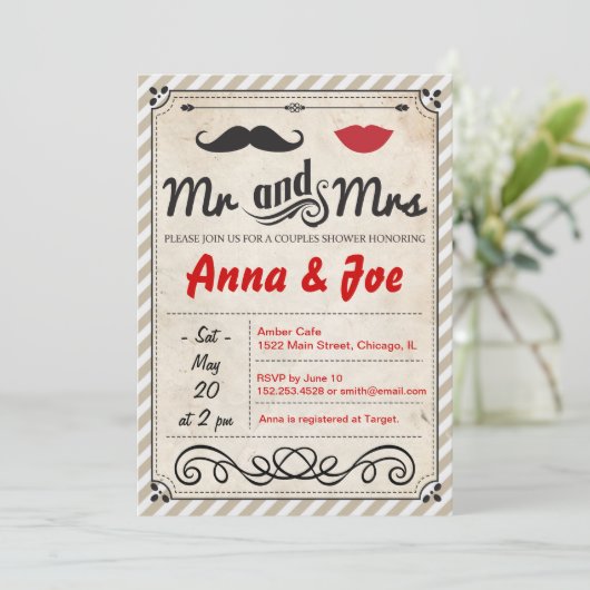 Mustache en Lips Couples Shower Invitation Kaart (Staand voorkant)