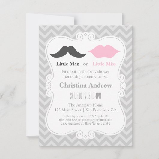 Mustache en Lips Grey Gender onthullen Baby shower Kaart (Voorkant)
