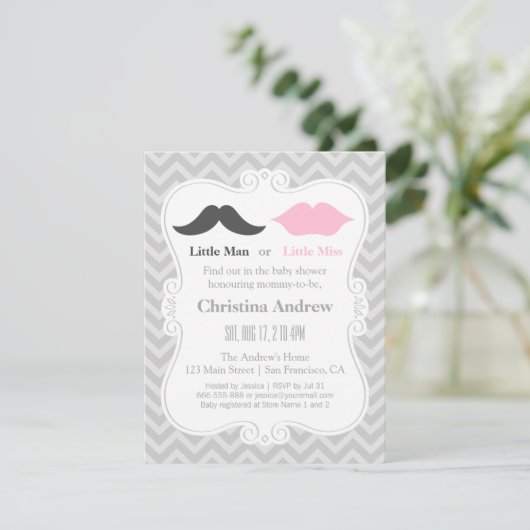 Mustache en Lips Grey Gender onthullen Baby shower Kaart (Staand voorkant)