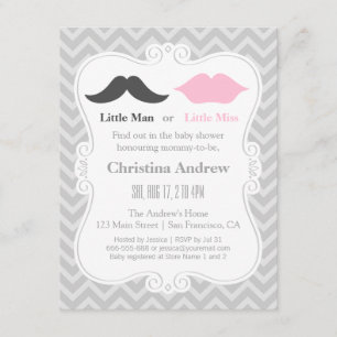 Mustache en Lips Grey Gender onthullen Baby shower Kaart