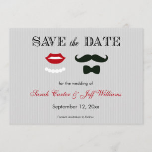 Mustache en Lips Grey Stripe Save the Date Cards