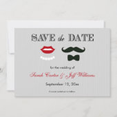 Mustache en Lips Grey Stripe Save the Date Cards (Voorkant)