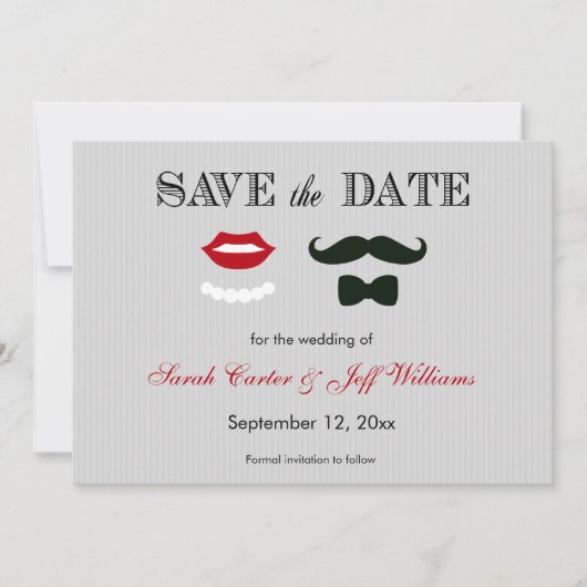Mustache en Lips Grey Stripe Save the Date Cards (Voorkant)