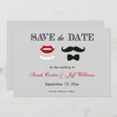 Mustache en Lips Grey Stripe Save the Date Cards (Voorkant / Achterkant)