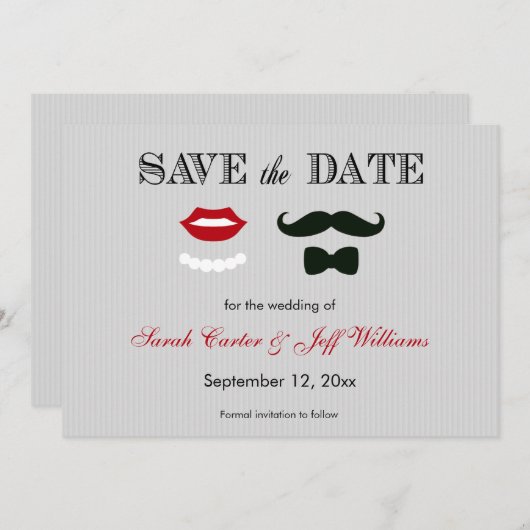 Mustache en Lips Grey Stripe Save the Date Cards (Voorkant / Achterkant)