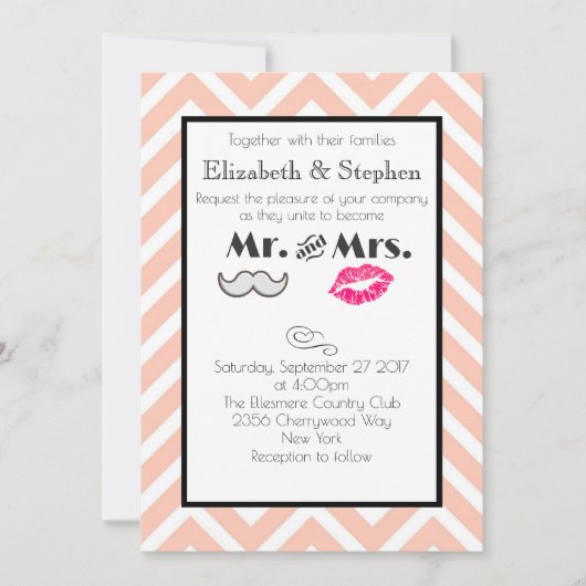 Mustache en Lips Mr en Mrs Peach Wedding Kaart (Voorkant)