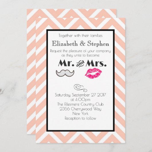 Mustache en Lips Mr en Mrs Peach Wedding Kaart (Voorkant / Achterkant)