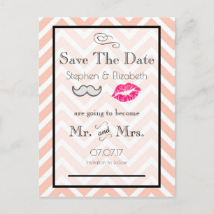 Mustache en Lips Peach Chevron Save the Date Aankondigingskaart