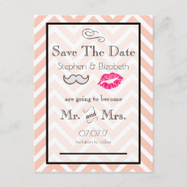 Mustache en Lips Peach Chevron Save the Date Aankondigingskaart