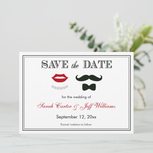  Mustache en Lips sparen de Datumkaarten Save The Date (Staand voorkant)