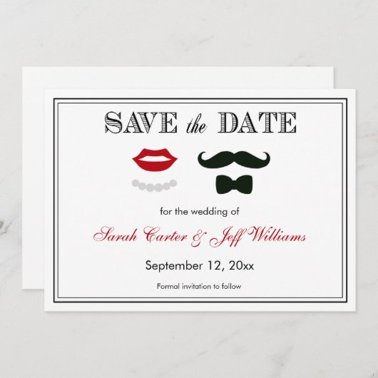  Mustache en Lips sparen de Datumkaarten Save The Date (Voorkant / Achterkant)