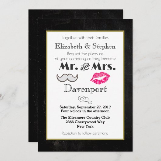 Mustache en Lips Wedding Invite on Black Kaart (Voorkant / Achterkant)
