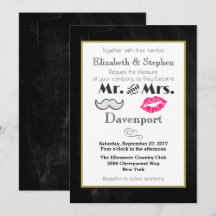 Mustache en Lips Wedding Invite on Black