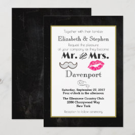 Mustache en Lips Wedding Invite on Black Kaart