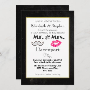 Mustache en Lips Wedding Invite on Black Kaart