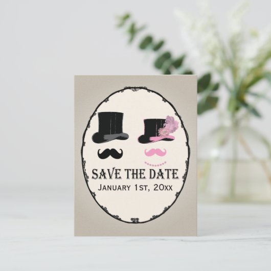 Mustache en Top Hat Save The Date Kaart (Staand voorkant)