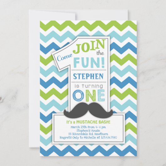 Mustache First Birthday Invitation, Little Man Kaart (Voorkant)