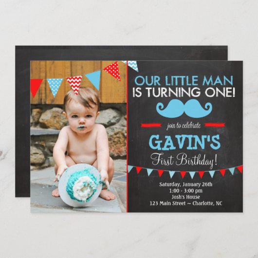 Mustache First Birthday Uitnodiging (Voorkant / Achterkant)