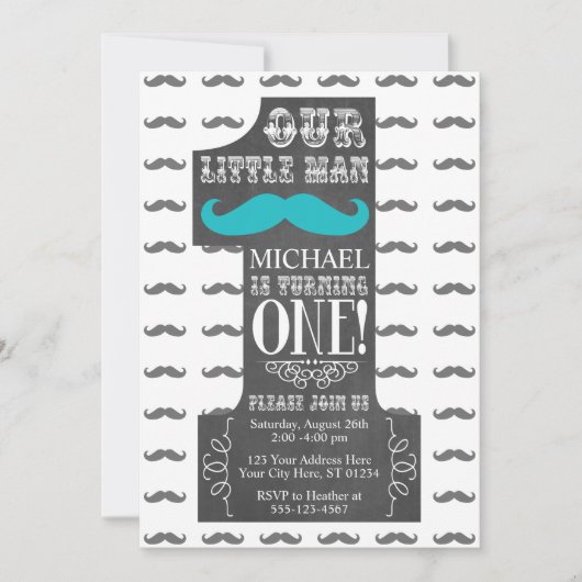 Mustache First Birthday Uitnodiging met Enveloppen (Voorkant)
