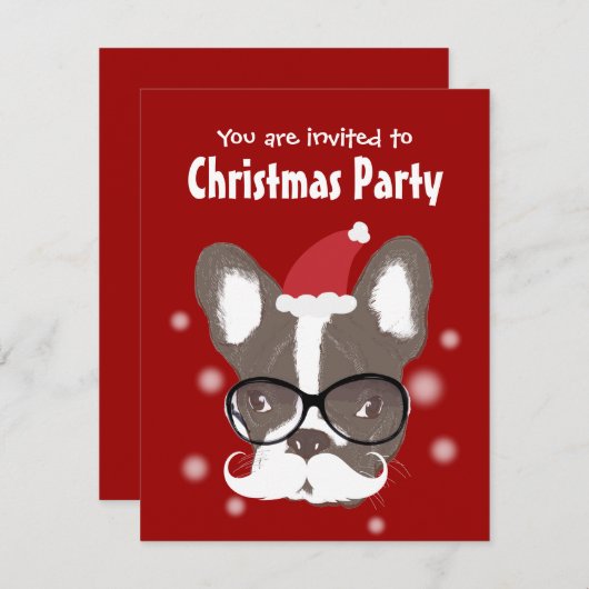 Mustache French Bulldog Kerstparty Uitnodiging (Voorkant / Achterkant)