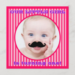 Mustache Girl Pink Stripe Birthday Uitnodiging