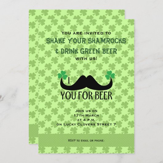 Mustache je bier St Patrick Day Clovers Invite Kaart (Voorkant / Achterkant)