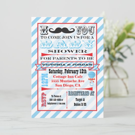 Mustache koppels Baby Douche Uitnodigingen (Staand voorkant)