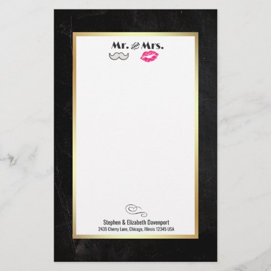 Mustache & Lippen Mr. & Mrs Black en Gold Briefpapier (Voorkant)