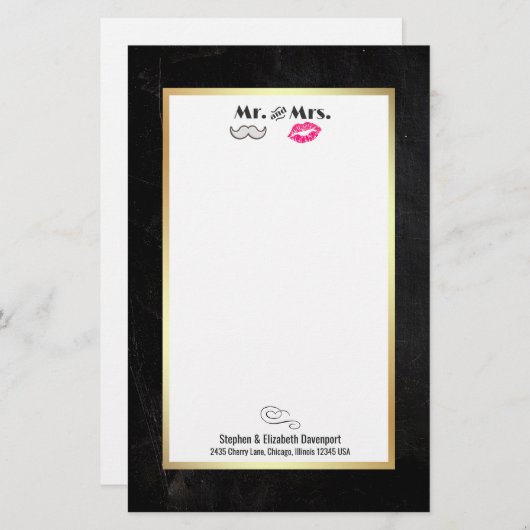 Mustache & Lippen Mr. & Mrs Black en Gold Briefpapier (Voorkant / Achterkant)