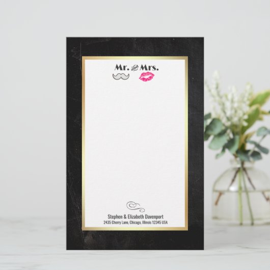Mustache & Lippen Mr. & Mrs Black en Gold Briefpapier (Staand voorkant)