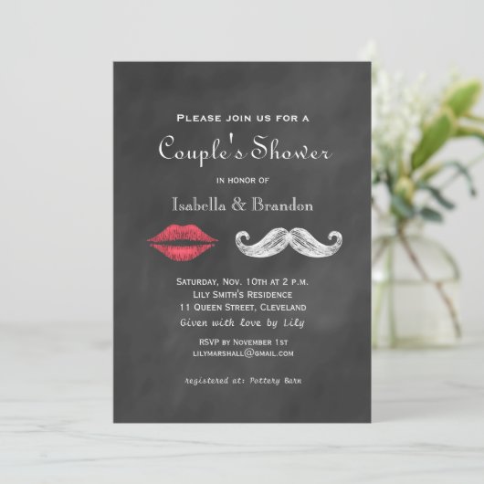 Mustache & Lips Couple's Shower Invitation Kaart (Staand voorkant)