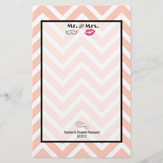 Mustache & Lips Mr. en mevrouw Peach Chevron Weddi Briefpapier (Voorkant)