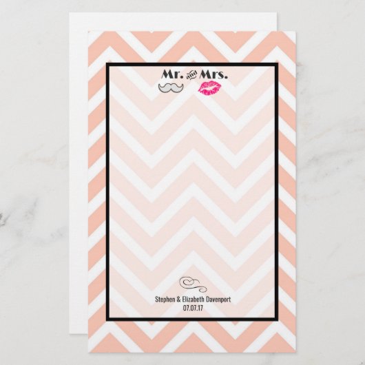 Mustache & Lips Mr. en mevrouw Peach Chevron Weddi Briefpapier (Voorkant / Achterkant)