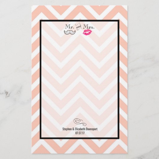 Mustache & Lips Mr. en mevrouw Peach Chevron Weddi Briefpapier (Voorkant)