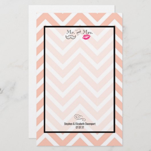 Mustache & Lips Mr. en mevrouw Peach Chevron Weddi Briefpapier (Voorkant / Achterkant)