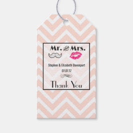 Mustache & Lips Mr. en mevrouw Peach Chevron Weddi Cadeaulabel