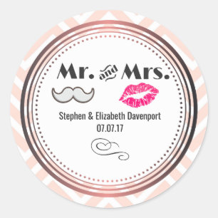 Mustache & Lips Mr. en mevrouw Peach Chevron Weddi Ronde Sticker