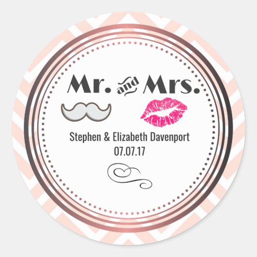 Mustache & Lips Mr. en mevrouw Peach Chevron Weddi Ronde Sticker (Voorkant)
