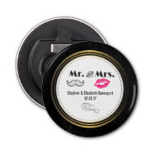 Mustache & Lips Mr. & Mrs Black & Gold Wedding Button Flesopener (Voorkant)