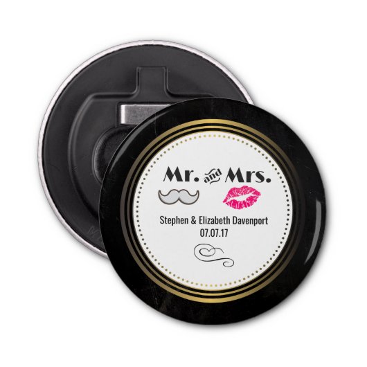 Mustache & Lips Mr. & Mrs Black & Gold Wedding Button Flesopener (Voorkant)