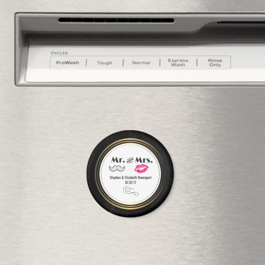 Mustache & Lips Mr. & Mrs Black & Gold Wedding Magneet (Insitu (Vaatwasser))