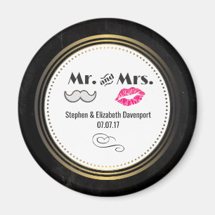 Mustache & Lips Mr. & Mrs Black & Gold Wedding Magneet