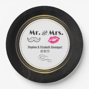 Mustache & Lips Mr. & Mrs Black & Gold Wedding Papieren Bordje