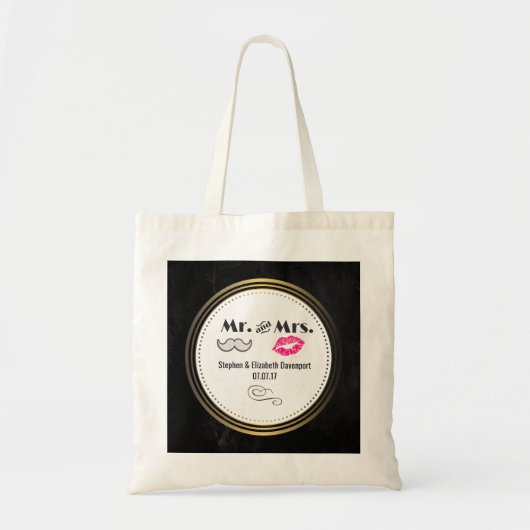 Mustache & Lips Mr. & Mrs Black & Gold Wedding Tote Bag (Voorkant)