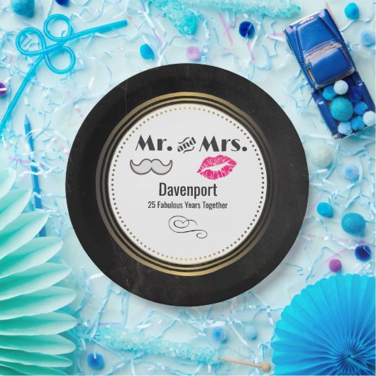 Mustache & Lips Mr. & Mrs. -Verjaardag Papieren Bordje (Feest)