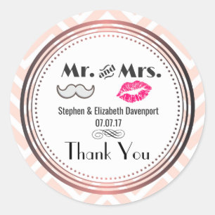 Mustache & Lips Mr. & Mrs Wedding Hartelijk dank Ronde Sticker